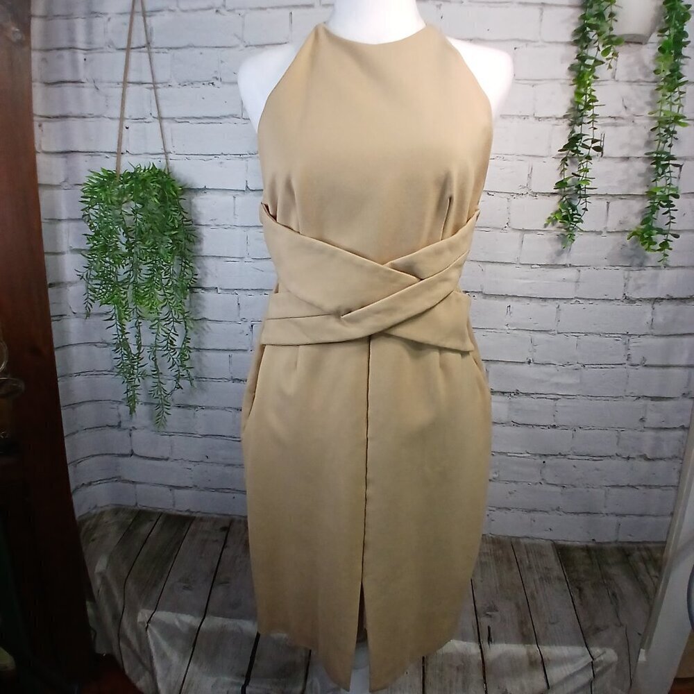LAVISH ALICE WRAP FRONT PLUNGE BACK MIDI DRESS, LIGHT CAMEL COLOR, WOMENS SIZE 8